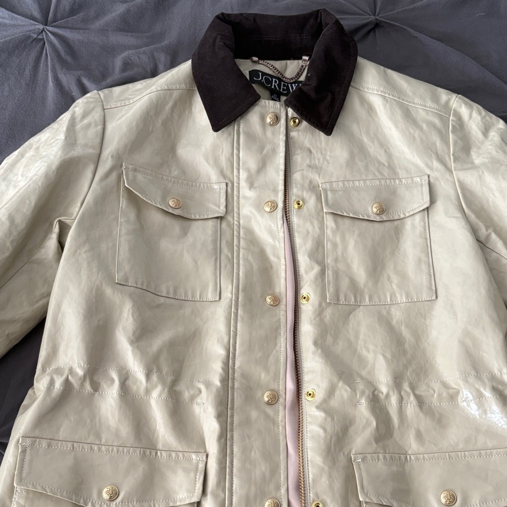 J.Crew Cream Laminated Linen Barn Jacket with Brown Collar